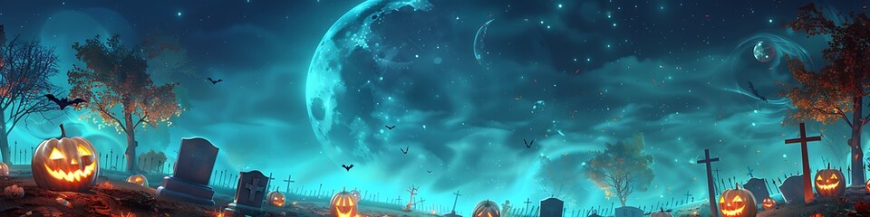 Fototapeta premium Halloween background, pumpkins, moon, glowing trees, spooky graveyard, jack o' lanterns.