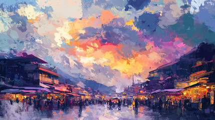   A bustling street scene captures a cityscape with pedestrians strolling on the pavement, buildings towering over them