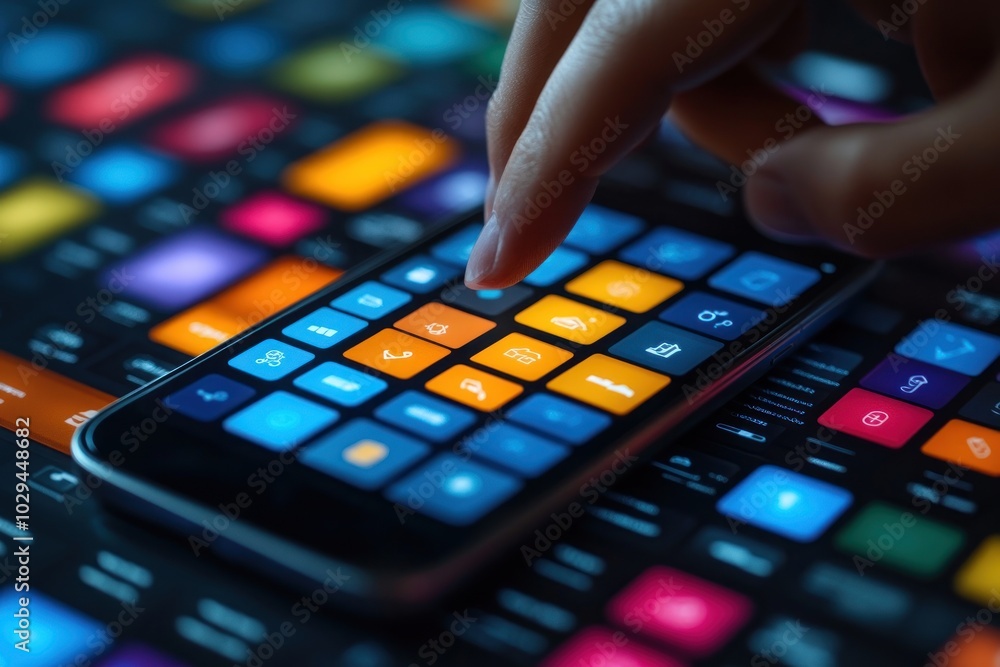 Poster a finger interacts with a smartphone displaying colorful app icons on a dark background.