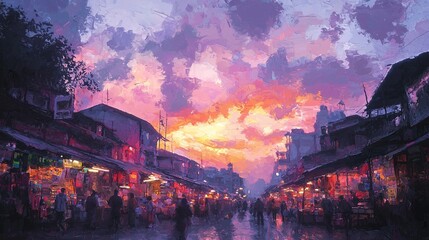   A painting depicts individuals strolling along a rain-soaked thoroughfare beneath a vibrant combination of lavender and gold skies, surrounded by towering edifices