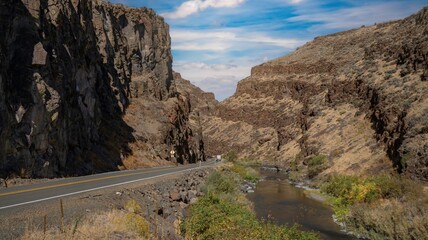 The John Day River and US highway 26 enter Picture Gorge at the start of one of Oregon's Scenic Byways.