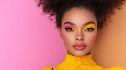 Colorful portrait of a woman with afro hairstyle, vibrant pink and yellow eye makeup, and glossy lips wearing a yellow turtleneck. Studio shot with pink-orange background. Beauty and fashion concept.
