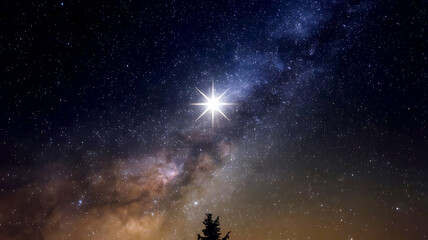 Naklejka premium A Star in the Night Sky Radiant Light Piercing Through the Darkness, a Celestial Beacon