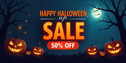 Halloween sale banner template, Perfect for promoting a sale with discounts up to 50% off. It is ideal for Halloween promotions, online stores, or social media marketing during the Halloween season.