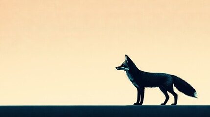   Black & white fox atop hill with orange sky