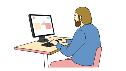 Man working on a computer at a desk in a casual office setup
