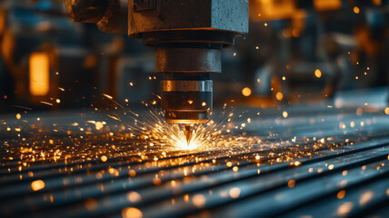 Close-up of laser cutter emitting sparks in workshop.