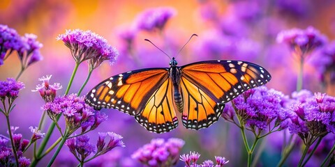 Obraz premium Oil painting of butterfly on purple flowers from high angle view