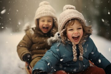Portrait of a smiling kids enjoying sledding while snowing outside