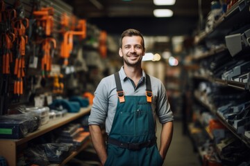 Fototapeta premium Portrait of a happy salesman standing in hardware store