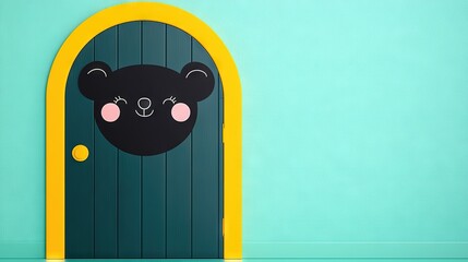  A photo shows a door decorated with a bear's face and a lush green background