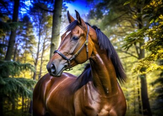 Obraz premium Majestic Brown Horse in Lush Green Forest - Stunning Equine Photography