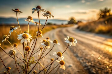 Silhouette of dried daisies on winding road background