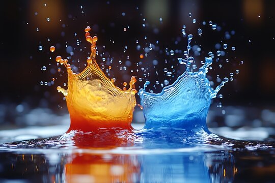 A vibrant orange and blue water splash collision