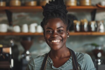 Naklejka premium Portrait of a smiling African American female barista