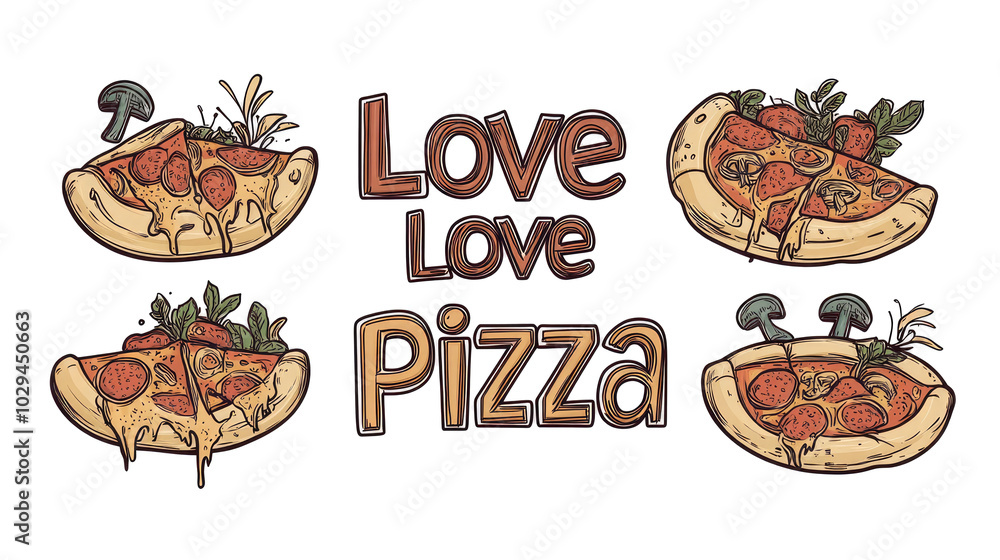 Poster set of colorful pizza illustrations with text on a white background generative ai
