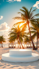 Fototapeta premium Luxury big empty white podium in the middle of the tropical beach and shows the intense heat of the weather with a scorching sun on the background. Generative AI