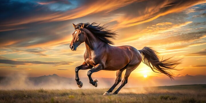 Silhouette of horse galloping at sunset with flowing mane