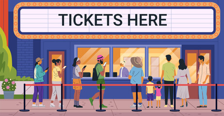 People waiting in line at a ticket booth diverse individuals standing in queue outside cinema or theater building colorful urban scene