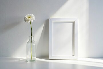 Minimalist white frame mockup with single white flower in vase, sunlight shadow, white wall background, medium shot