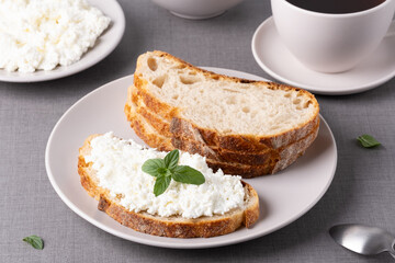 Bread with cottage cheese and mint on grey table, closeup