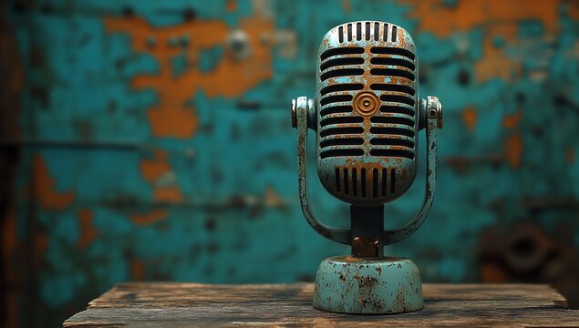 A vintage microphone stands on a rustic wooden table against a textured, colorful background.