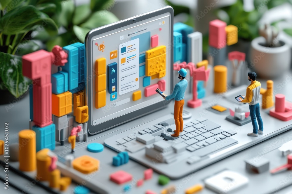 Poster a colorful digital workspace with miniature figures interacting with a screen and keyboard.