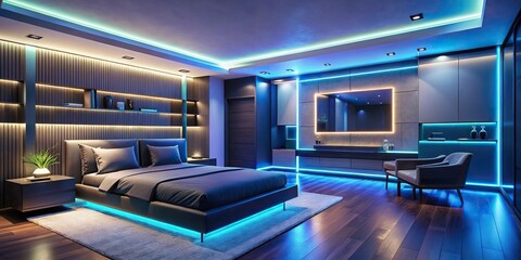 sleek bachelor pad bedroom with built in bar, neon lighting, wall sized TV