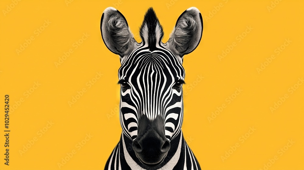 Canvas Prints   A zoomed-in image of a zebra's face against a yellow backdrop, featuring a black and white zebra head