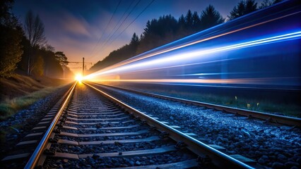 Fototapeta premium Silhouette of train tracks at night with light trails