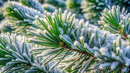 Snow covered pine needles on wide-angle shot