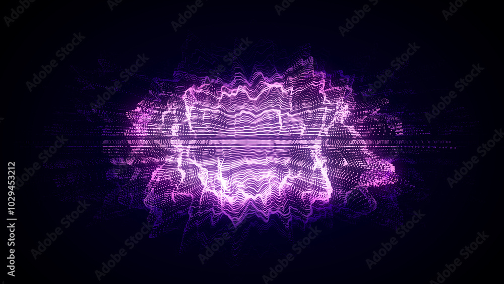 Fototapete Abstract digital blue circle wave on black background. Big data visualization. Analytics representation. Sphere with explosion of bright particles. 3d rendering.