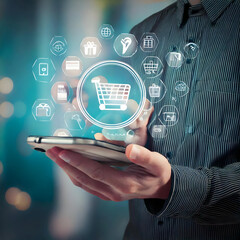 Close up of a person hold laptop/smartphone with online shopping concept