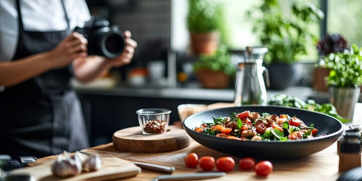 Bright Modern Home Kitchen with a Food Blogger Photographing a Beautifully Plated Dish