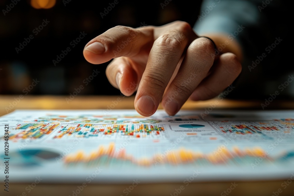 Aufkleber a hand pointing at colorful data charts on a table, indicating analysis or discussion.
