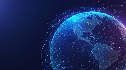 Obraz premium A digital representation of Earth with glowing lines connecting points on the surface.