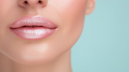Fototapeta premium Close-up of glossy pale pink lips with a natural finish on a female face over a soft teal background, offering copy space for beauty, lip care, or pastel-themed branding visuals.