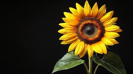 Naklejka premium A Sunflower Close-Up with a Green Stem on Black Background
