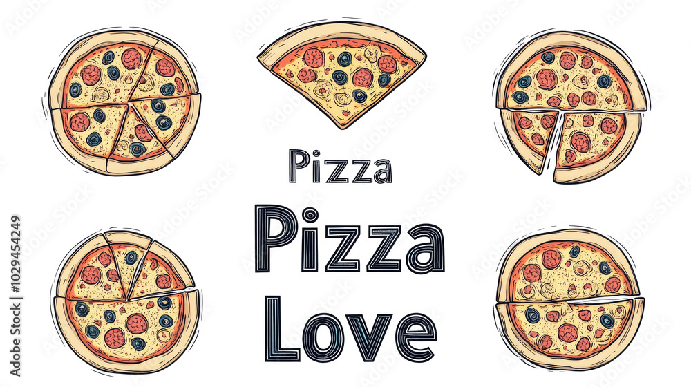 Poster assorted pizza styles with toppings displayed on a white background generative ai