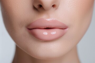Naklejka premium Close-up of glossy nude lips with a natural tone on a female face over a light background, offering copy space for beauty, makeup, or minimalistic-themed branding visuals.
