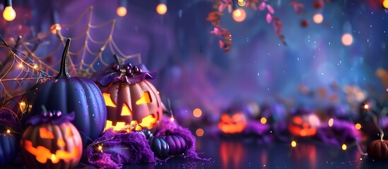 Halloween background, purple and dark blue, pumpkins, lights, text space included.