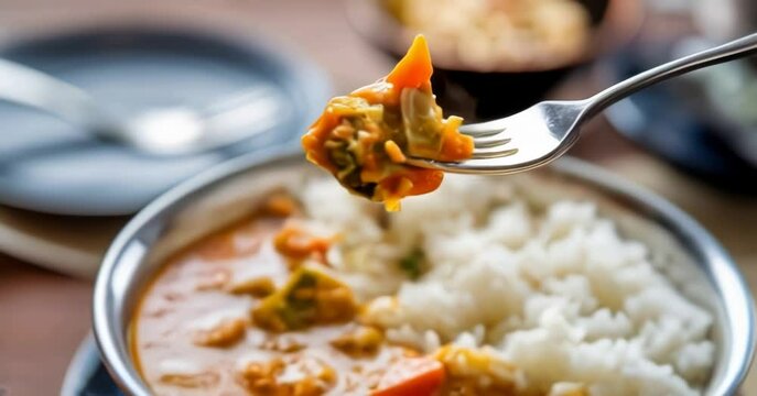 delicious home-cooked curry served with steamed rice in cozy kitchen setting
