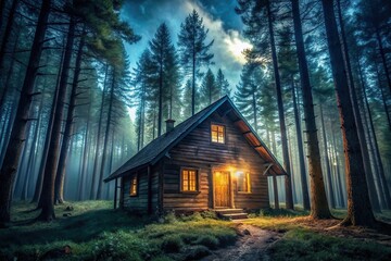 Spooky wooden cabin hidden in dense pine forest at night