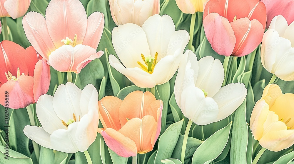 Wall mural   A variety of colorful tulips with green foliage in the front and a combination of pink and white tulips in the back