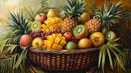   A painting of a basket filled with juicy fruits such as pineapples, oranges, and grapes