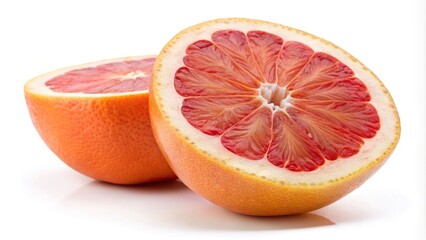 Sliced grapefruit isolated on white background, low angle view