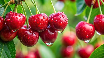 Red delicious cherries glistening in the sunlight on a tree with a blurred background