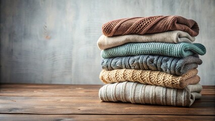 Stack of sweaters and leaf on table with leading lines