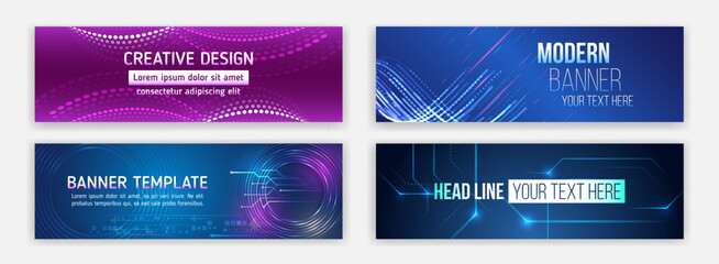 Obraz premium Internet communication, science, big data, cover design set. Sci-fi vector sample concept. High-tech horizontal banner template. Modern banner design with technology element. Data protection,
