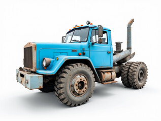 Naklejka premium This vintage blue truck features large, rugged tires and a robust build, reflecting its durable design and utility. The setting emphasizes its classic character